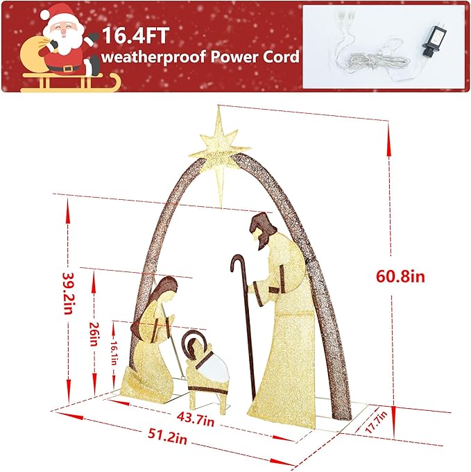 MUPATER Lighted Outdoor Christmas Decoration Nativity Scene, Lighted Christmas Yard Decor Set for Lawn and Home Holiday Party with Lights, Zip Ties and Ground Stakes, Gold