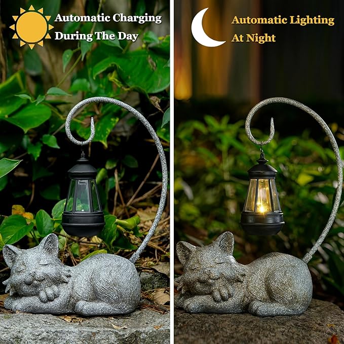 Outdoor Cat Figurine Garden Statue with Solar-Powered LED Light 13.77 Inches Tall Gift Garden Statue Decor for Cat Lovers Marbled