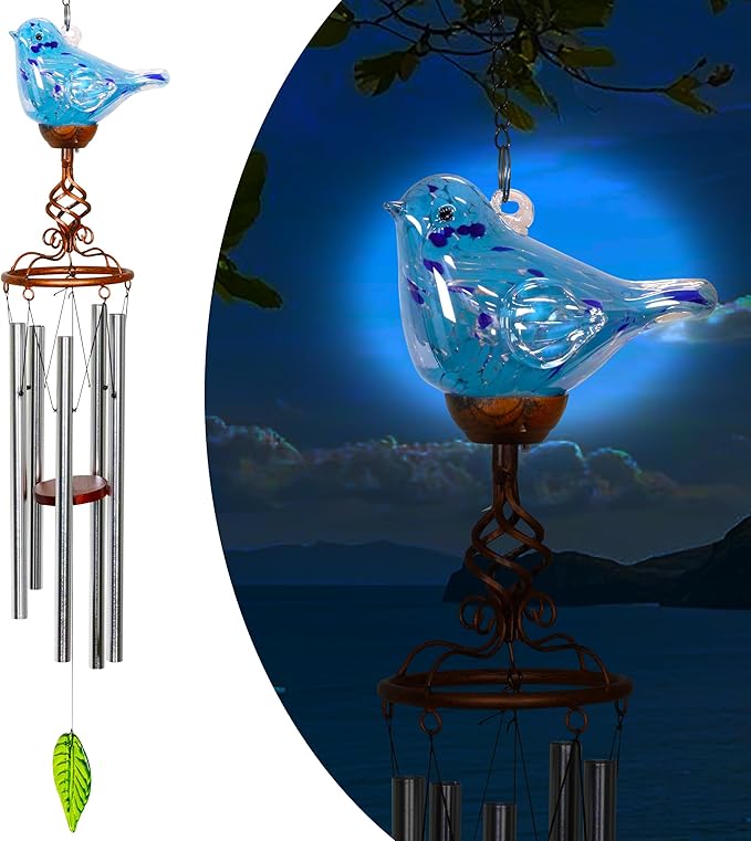 Solar Glass Bird Shape Wind Chimes, LED, Outdoor Glass and Metal Decoration for Lawn and Patio, 7 x 4 x 44 inches (Light Blue)