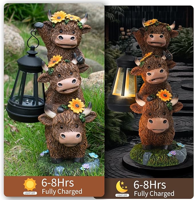 Solar Three Highland Cow Statues Outdoor Garden Decor with Latern Funny for Yard Lawn Ornaments Porch Patio Balcony Home Birthday Easter Gifts for Women Grandma Mom
