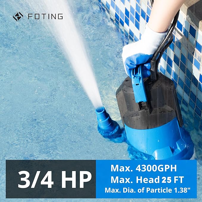 FOTING 2025Upgraded Automatic Sump Pump, 3/4HP 4300GPH Sweage Pump for Basement & Pool Draining, Submersible Water Pump with Float Switch, Sealed Thermoplastic for Puddle Pool Tub Pond