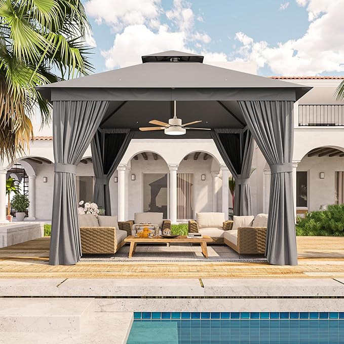 Outdoor Gazebo Metal Frame Patio Pergola Double Roofs Patio Canopy with Double-Layer Door and Mosquito Netting for Deck, Backyard, Lawn (Grey, 10x10FT)