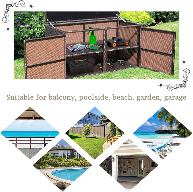 Tangkula Outdoor Wicker Storage Box, Garden Deck Bin with Steel Frame, Rattan Storage Box with Lid, Ideal for Storing Tools, Accessories, 88 Gallon Capacity (Brown)