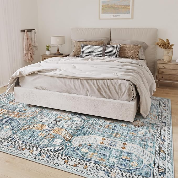 10x14 Area Rugs,Ultra-Thin Washable Rugs for Living Room,Non-Slip Lightweight Foldable Area Rug,Stain Resistant Vintage Large Rugs(Blue/Gold,10'x14')