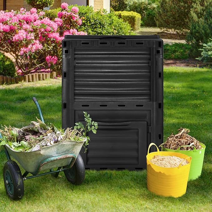 Happygrill Outdoor Compost Bin, Composting Box w/Top Flip Latch-on Lid,80 Gallons Composter for Kitchen Waste & Garden Scraps, Compost Barrel for Fast Creation of Fertile Soil (Black)