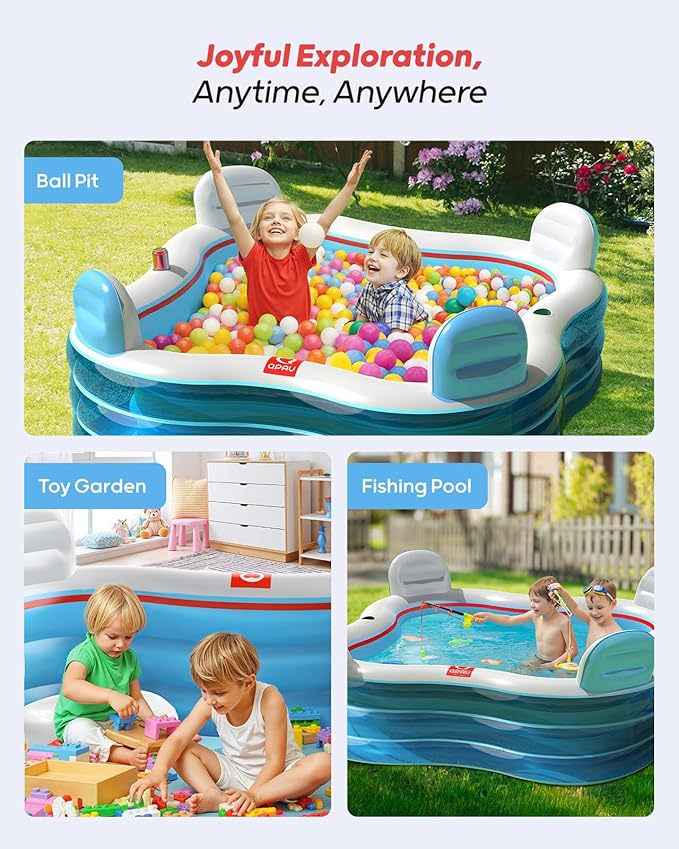 QPAU Inflatable Swimming Pool, Full-Sized Blow Up Pools with Seats and Backrests, Kiddie Pool for Outdoor & Backyard, for Family Summer Time Fun, Jelly Blue