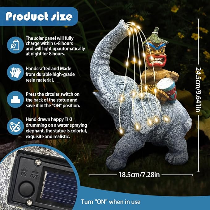 Solar Powered Elephant Tiki Courtyard Light, Outdoor Garden Decoration Elephant Statue,Gifts for Women Mom Grandma Senior Elderr, Garden, Courtyard, Yard, Lawn