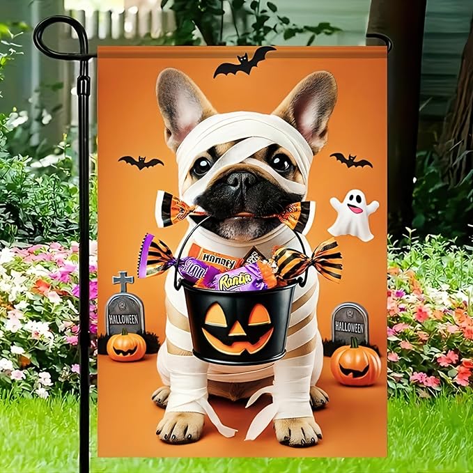 Halloween Decorations Outdoor Garden Flag 12x18 Inch Double Sided French Bulldog Dog Pumpkin Ghost Fall Decor Yard Lawn Porch Patio Halloween Garden Flags