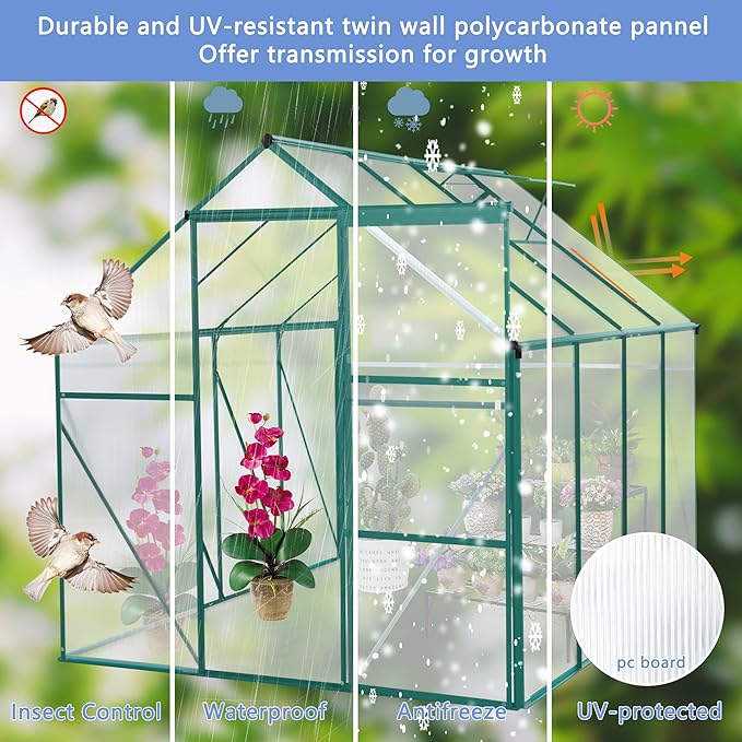 6x8 FT Polycarbonate Greenhouse with Sliding Door and Adjustable Roof, Heavy Duty Aluminum Walk-in Greenhouses w/ Raised Base for Outdoor Garden Backyard,Green