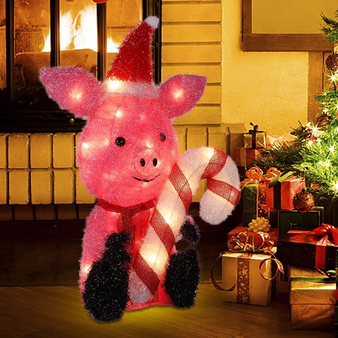 Prsildan Christmas Lighted Decoration 21" Pink Pig, 35 Lights 3D Pig with Christmas Hat & Candy Canes, Cute Decorations for Indoor Outdoor Home Kitchen Yard Garden Holiday Party