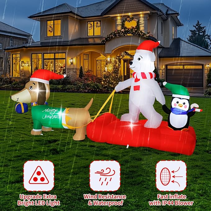 8FT Long Christmas Inflatable Dog Sled with Polar Bear & Penguin, LEDs Lighted Blow Up Outdoor Decoration for Xmas, Weiner Dog Sleigh Décor for Indoor Garden Yard Lawn Party Patio