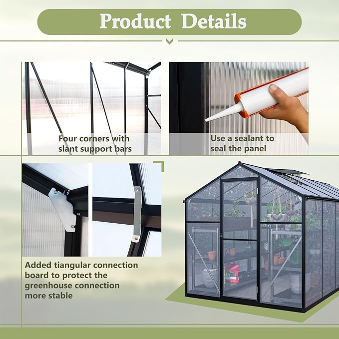 Favfurish 6x12 FT Greenhouses for Outdoors,Heavy Duty Polycarbonate Greenhouse,Lockable Walk-in Green House Sunroom w/ Roof Vent,Aluminum Hot House for Garden Plants Backyard Patio,Black