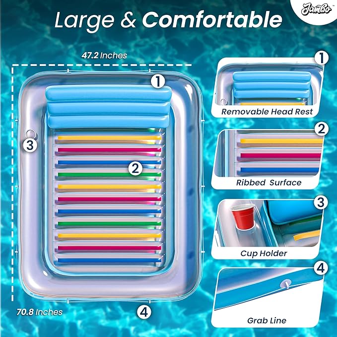 JAMBO Inflatable Tanning Pool Lounger Float, 70 x 47 Sun Tanning Pool Float with Pillow, Water Lounge Raft, Pool Floatie for Adults, Tanning Raft Pool Tub, Water Tanning Bed Kiddie Pool Tanning Floats