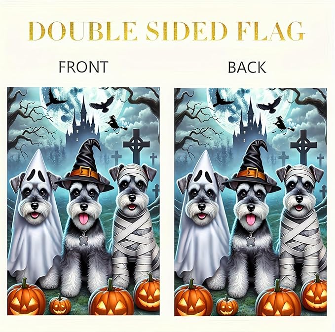 Halloween Garden Flag Double Sided 12x18 Flag Dog Fall Garden Flag Halloween Schnauzer Party Flag With Ghost Dress Up Mummy Dress Up Witch Ghost Black Castle Cross Lawn Outdoor Yard Banner