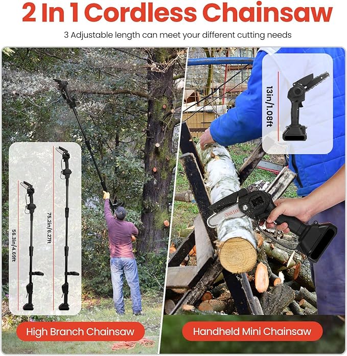 3-in-1 Cordless Pole Saw & Mini Chainsaw & Grass Trimmer, 21V Battery Powered 6 Inch Electric Pole Chainsaw, 12.3ft Max Reach, 5.5 LB Lightweight Pole Saws for Tree Trimming, Branch Cutting