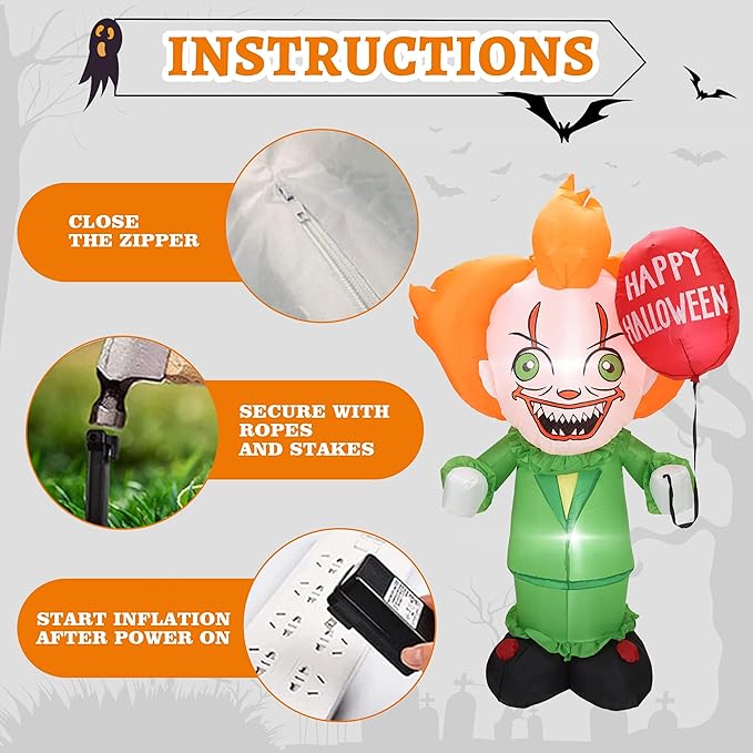 DearSun 6FT H Halloween Inflatable Clown with Build-in LED Lights Blow up Halloween Inflatable Outdoor Indoor Decoration Large Party Yard Decoration