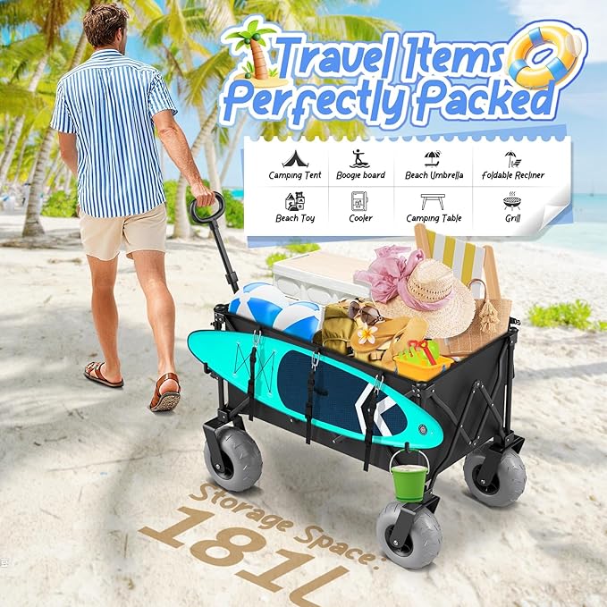 Beach Wagon with Big Wheels for Sand Heavy Duty Collapsible Wagon with 9" All Terrain Inflatable Tires, Foldable Beach Cart for Camping Outdoor Grocery Shopping Garden Sports
