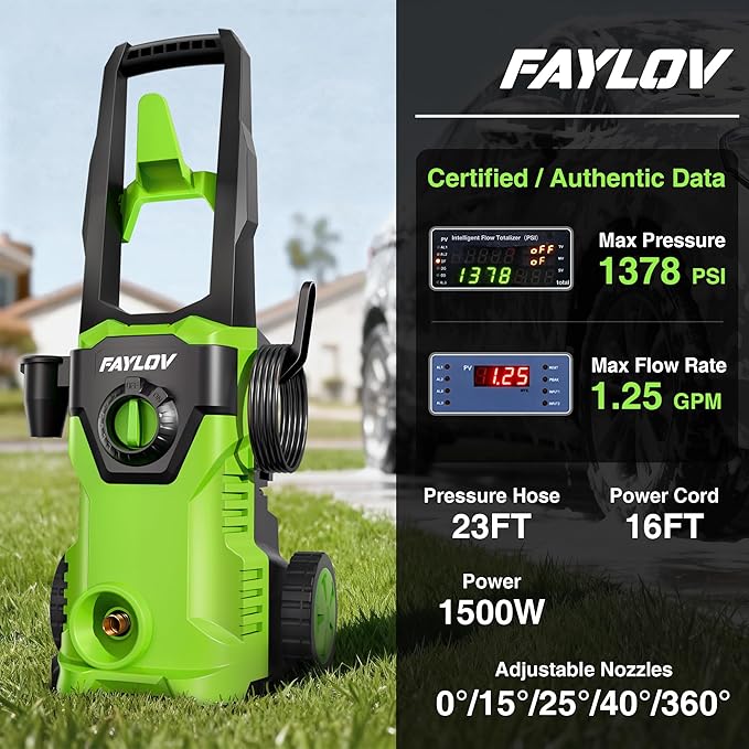 Pressure Washer - True 1378 PSI 1.25 GPM Power Washer with No-Bend 360° Nozzle, Foam Cannon & Complete 4-Nozzle Set for Car, Driveway, Patio