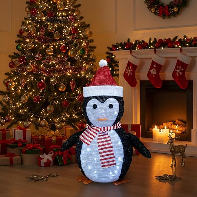 Lighted Christmas Penguin Decoration – Foldable & Collapsible Metal Frame, Battery Powered Waterproof Yard Ornament for Indoor & Outdoor Holiday Décor