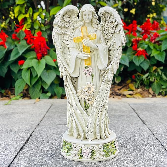 Angel Statue for Garden, Solar Angel for Cemetery Decorations, Unique Funeral Memorial Gifts, Praying Angel Cross Memorial Statue
