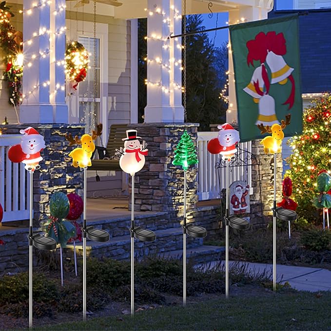 Glintoper 4 Pack Solar Christmas Figurine Lights, Outdoor Lighted Decorative Santa Claus, Snowman, Xmas Tree & Reindeer with Garden Stakes, Warm White LED Lighting Yard Stake for Path Lawn Patio Decor