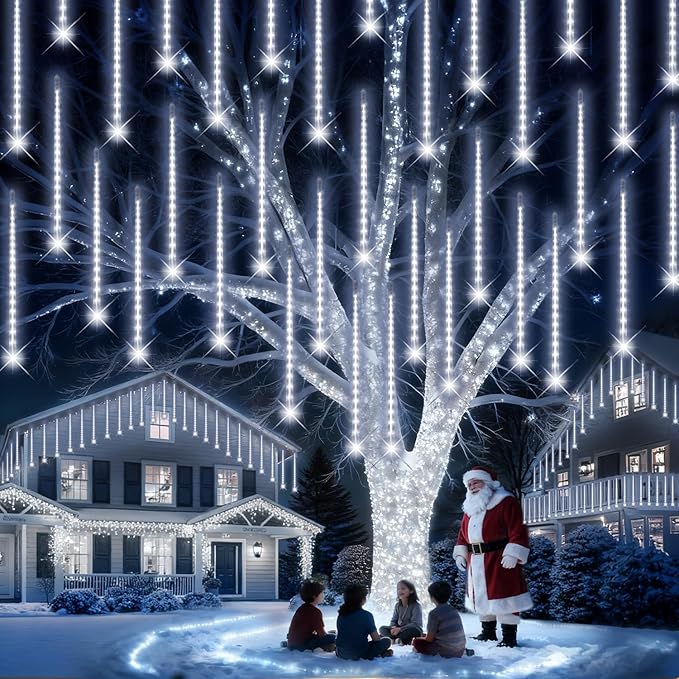 PEMOTech Christmas Lights Outdoor,16 Tubes(Equivalent to2 Sets of 8-Tubes) Meteor Shower Lights,Waterproof Christmas Decorations Icicle Light for Xmas Tree Halloween Party, Ul Plug,Cool White