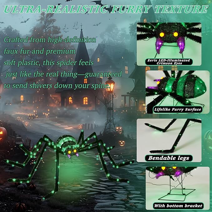6.8Ft Giant Spider Halloween Decorations Outdoor 82" Light Up Spider with 115 LED Lights for Front Yard, Porch, Garden, Lawn, Halloween Party (Green)