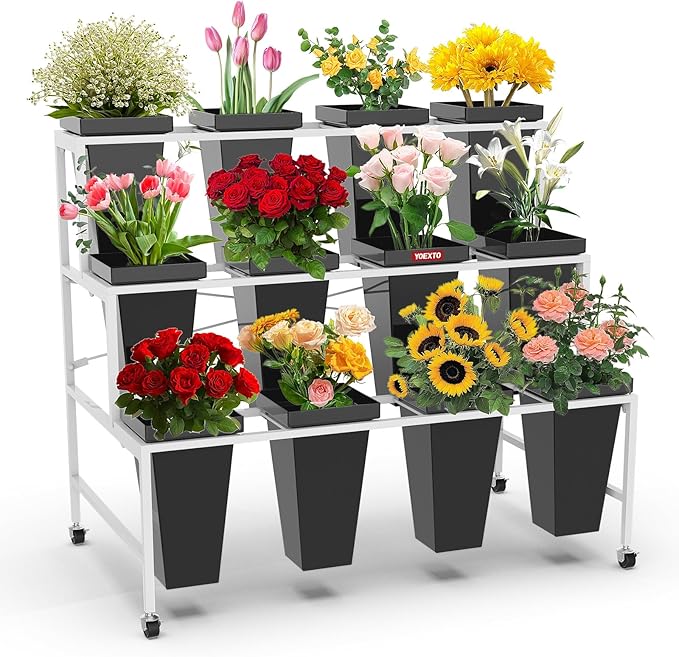 Flower Display Stand 3 Layers with 12 PCS Round Buckets, Plant Stand with Wheels, Movable Metal Plant Stand for Terrace Garden, Living Room, Florist Shop