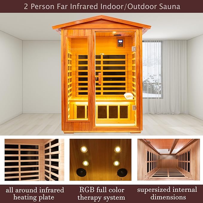 Outdoor Sauna 2 Person Infrared Sauna Far Infrared Saunas for Home 0－5 mg Low EMF Home Sauna Spa Mahogany Wood Sauna Room with Bluetooth Speakers, LED Reading Lamps, Chromotherapy Lights