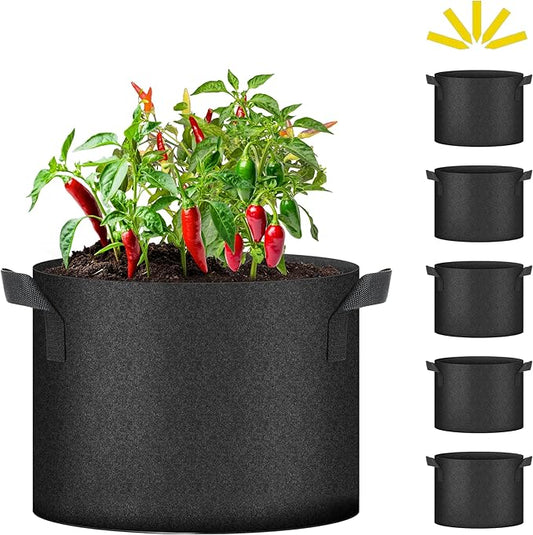 iPower 5 Pack 10 Gallon Grow Bags Heavy Duty 300G Thickened Nonwoven Fabric Plant Pots with 5 Labels & Handles for Outdoor Garden, Aeration Planter Bags for Fruits, Vegetables, Tomato & Flowers, Black