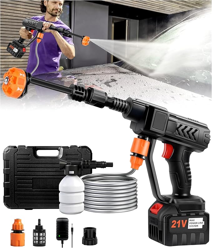 Cordless Pressure Washer Battery Operated, 500 PSI Cordless Power Washer with 6-in-1 Nozzle & Foam Cannon, Handheld Pressure Washer with Triple Water Source & 16FT Hose for Car, Home, Yard