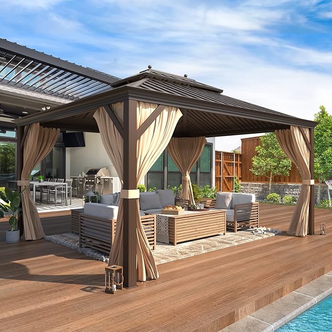 YOLENY 10' x 12' Hardtop Gazebo with Double Galvanized Steel Roof, Pergolas Aluminum Frame, Curtains and Netting Included, Metal Outdoor Gazebos for Patios, Garden, Lawns, Parties