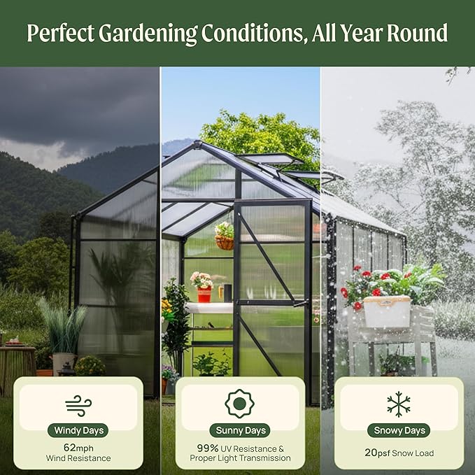Vego Garden Junior Victorian Greenhouse 8ft – Durable Aluminum Frame with Polycarbonate Panels – All-Season Greenhouse for Backyard or Patio