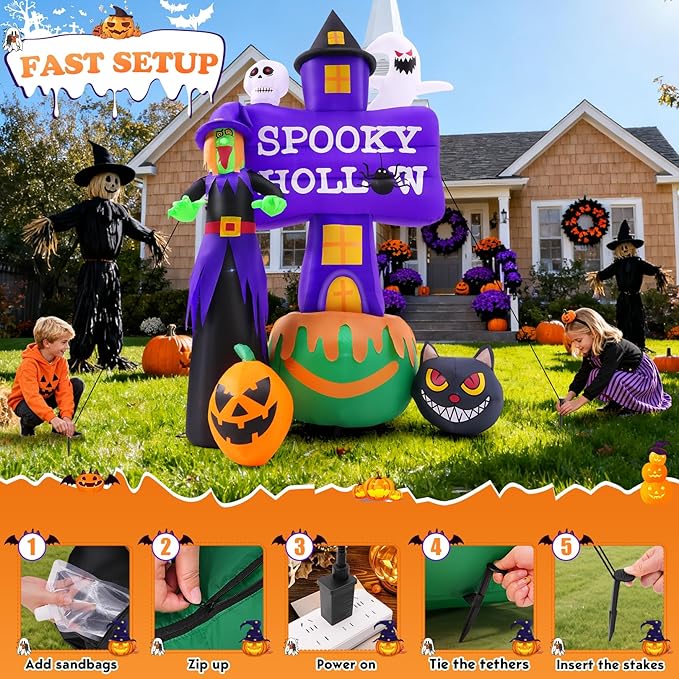 Whubefy 8FT Halloween Inflatable Outdoor Decoration Witch Ghost Tombstones Combo, Skull Cat Halloween Decor with LEDs, Blow Up Halloween Decorations Outdoor Inflatable Pumpkin for Yard Garden Indoor