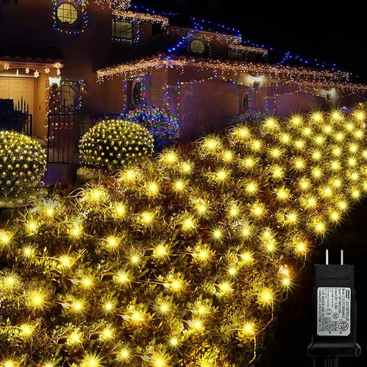 Warm White Net Lights Outdoor, 300 LED Christmas Net Mesh Lights for Bushes 15x5ft, 8 Modes Waterproof Twinkle String Light Connectable Plug in for Halloween Hedge Yard Garden Party Decor
