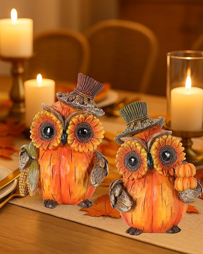 iStatue Set of 2 Thanksgiving Decorations Owl Figurines – Hand-Painted Resin Pumpkin Owls with Sunflower Eyes & Hats, 4.7” Fall Harvest Table Decor for Autumn Centerpiece (Yellow)