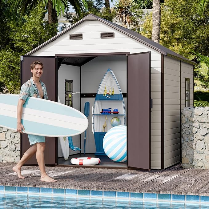 CDCASA Outdoor Storage Shed 8x8 FT, Waterproof Resin Garden Sheds Plastic Patio Outdoor Outside Storage with Floor, Adjustable Openable Windows, Lockable Door for Tool, Bike, Garbage Can