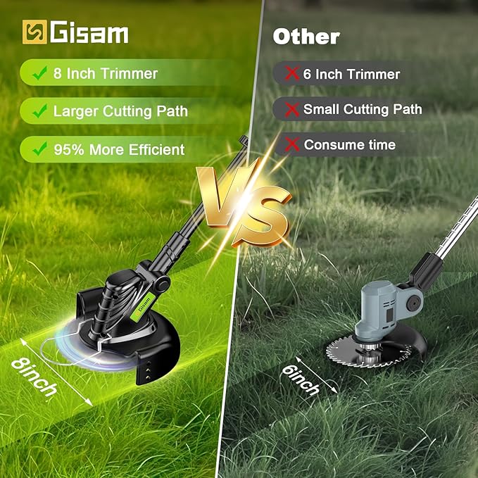Weed Wacker Cordless, Gisam Brushless String Trimmer with 2 X 2.0Ah Battery, 8" Electric Grass Cutter, 3 in 1 Weed Eater with 3 Types Blade & Wheels for Garden/Lawns