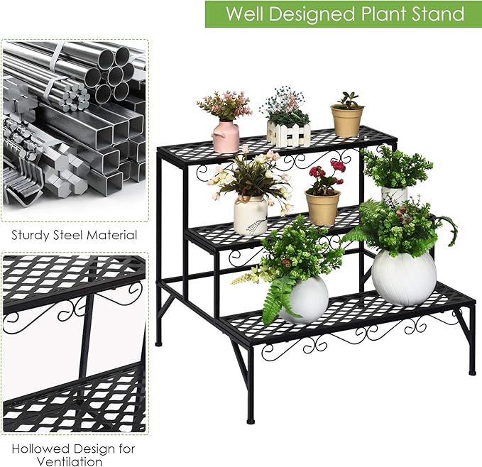 Giantex 3 Tiers Black Metal Plant Stand, Metal Plant Shelf Stands w/ 6-9 Flower Potted Capacity Holders, Multiple Flower Pot Display Rack for Plants Patio Garden Corner Indoor (Rectangular)