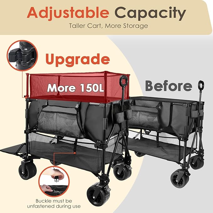 HOPERAN 550L XXL Wagons Carts Foldable, 54" Extra Length & Height Double Deck Collapsible Wagon Cart with Tailgate, 8" Big All-Terrain Wheels, 550lbs Load Utility Grocery Cart for Camping,Sports,Beach