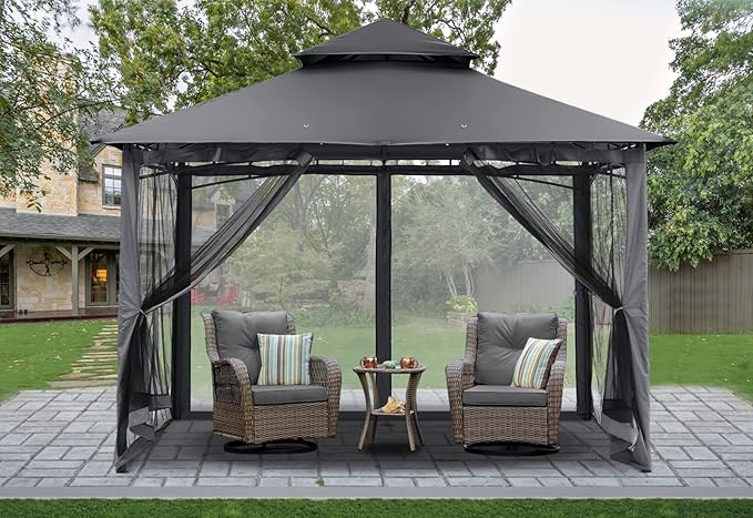 MASTERCANOPY Outdoor Garden Gazebo for Patios with Stable Steel Frame and Netting Walls (9x9,Dark Gray)