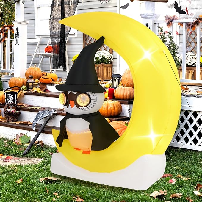 Goplus 5.1 Ft Halloween Inflatables, Pre-Lit Owl on The Moon with Witch Hat, Blow up Cute Halloween Decoration with Built-in LEDs, Holiday Outdoor Indoor Decoration for Party, Lawn, Yard