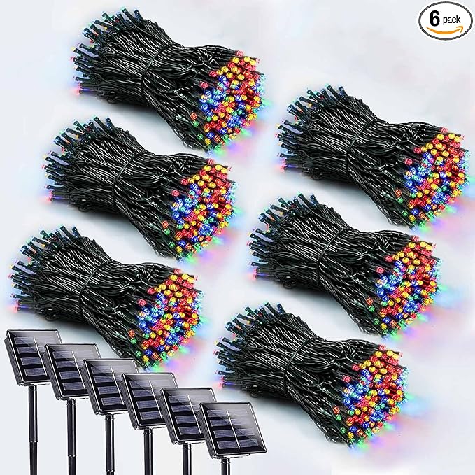 6 Pack 600 LED Solar String Lights for Outside, Solar Christmas Lights with 8 Lighting Modes, Waterproof Green Wire Solar String Lights Outdoor for Tree Xmas Party Garden Yard Decorations (MutilColor)