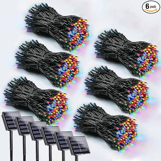 6 Pack 600 LED Solar String Lights for Outside, Solar Christmas Lights with 8 Lighting Modes, Waterproof Green Wire Solar String Lights Outdoor for Tree Xmas Party Garden Yard Decorations (MutilColor)