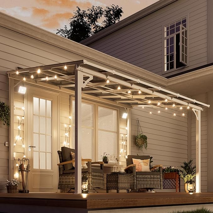 MEISSALIVVE 8' x 12' Wall Mounted Lean to Metal Awnings with Sloped Roof, Outdoor Patio Gazebo Awning for Backyard, Deck, White