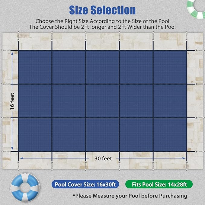 Inground Pool Cover Safety Fits Rectangle Swimming Pool, Mesh Solid Pool Cover for Inground Pools,Winter Pool Safety Cover Includes Safety Net and Installation Tools Blue (Blue, Fits 14x28ft Pools)