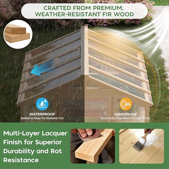 6*8 FT Wood Outdoor Greenhouse Kit, Greenhouses for Outdoors Heavy Duty with Adjustable Roof Vent and Shelves, Walk in Polycarbonate Greenhouse for Outside Garden & Backyard, Light Honey