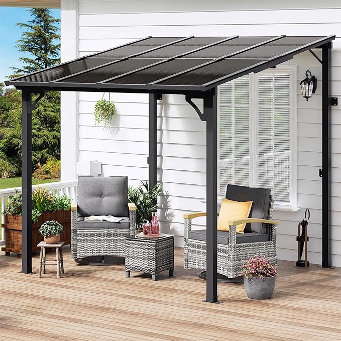 MEISSALIVVE 8' x 8' Wall Mounted Lean to Metal Awnings with Sloped Roof, Outdoor Patio Gazebo Awning for Backyard, Deck, Black