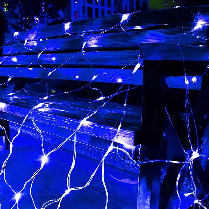 Solar Net Lights Outdoor Mesh Lights Blue, 200 LED Net Lights Christmas, Waterproof 19 Modes Timer Tree Wrap Lights for Fence, Garden, Yard, Bushes, Trunk, Halloween Decor-9.8ft x 6.6ft