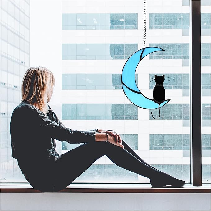 Cat Memorial Gifts Stained Glass Black Cat Decor Window Hanging Ornament Garden Suncatcher Gifts for Cat Lover Cat Gift for Women (Black Cat on Blue Moon)